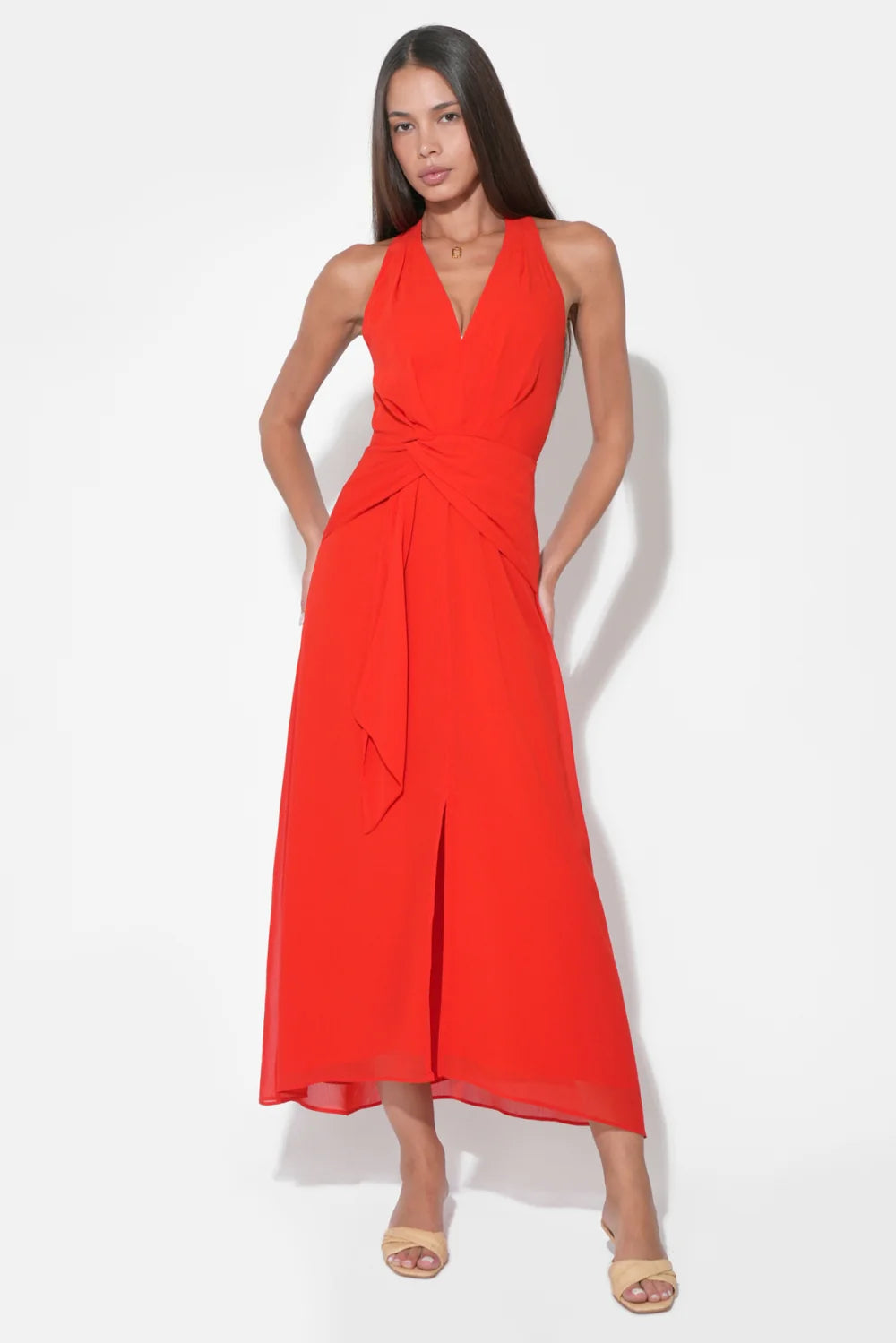 Adelyn Rae- Jessika Halter Midi Dress in Red Orange