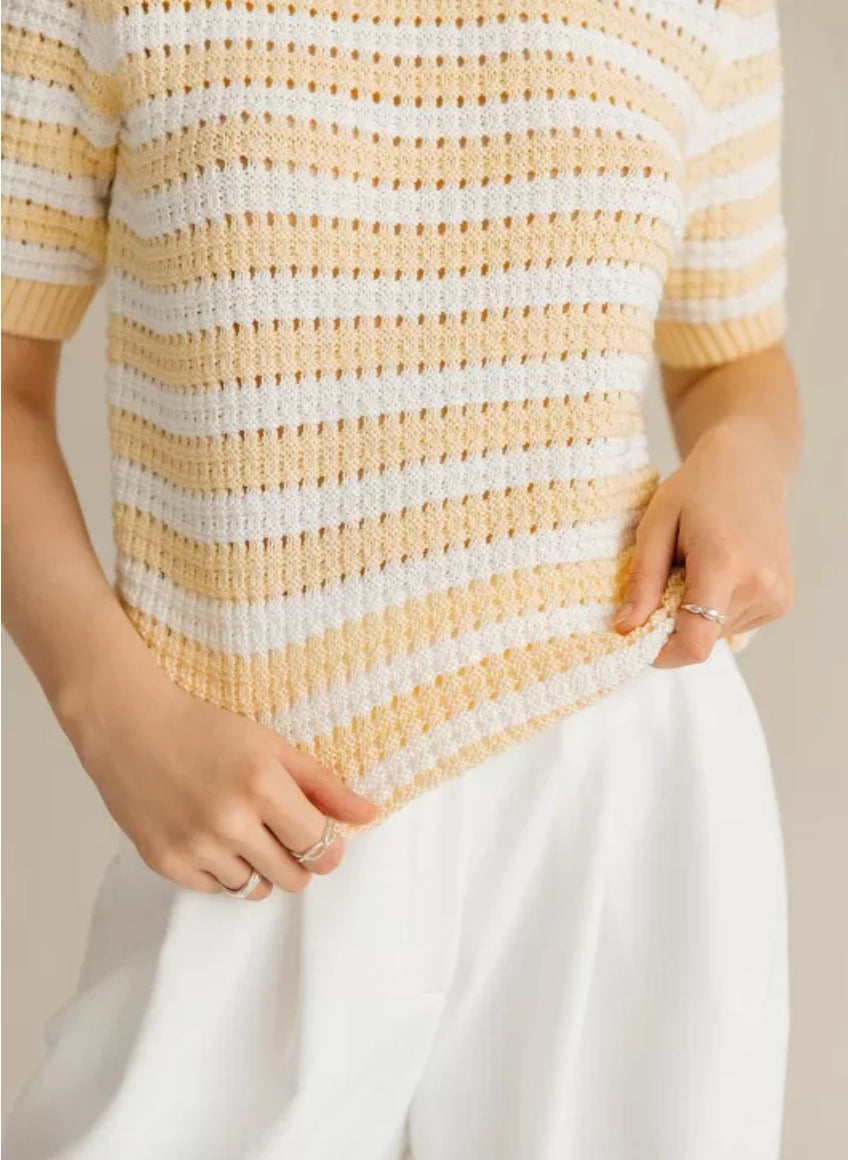 25 UNION- Openwork Stripes Knitted T-Shirt in Yellow