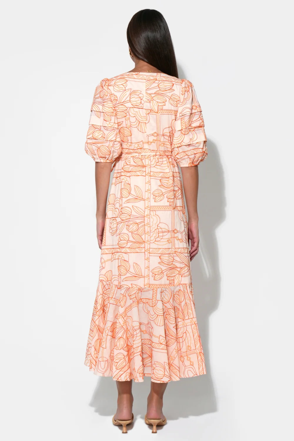 Adelyn Rae - Haven Ruffle Embroidery Wrap Midi Dress in Light Orange