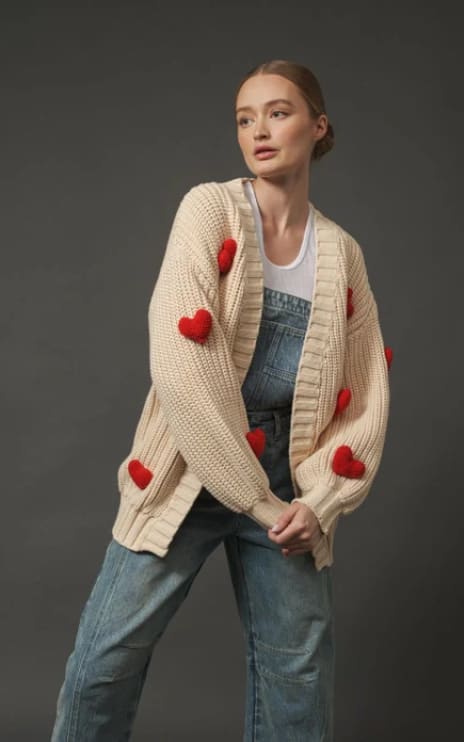 Aaron & Amber- Holiday 3D Heart Chunky Cardigan - cardigan