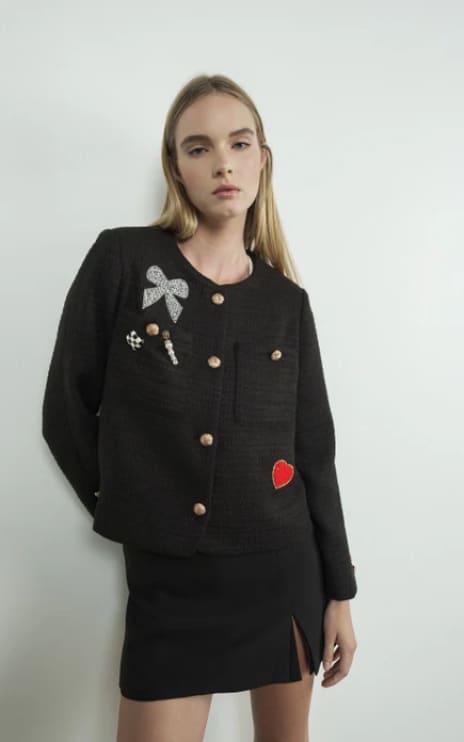 Aaron & Amber- Tweed Blazer with Rhinestones Patch and Gold