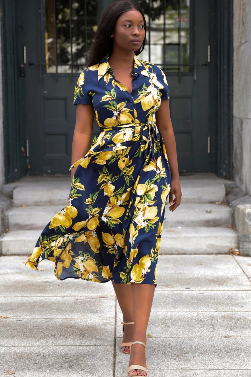 Annick- Galia Midi Lemon Shirt Dress in Navy