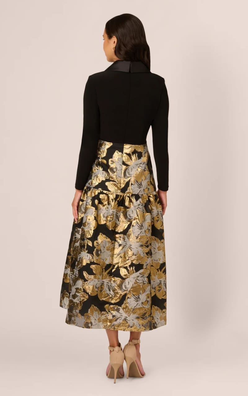 Adrianna Papell- Combo Floral Jacquard Dress In Black Gold