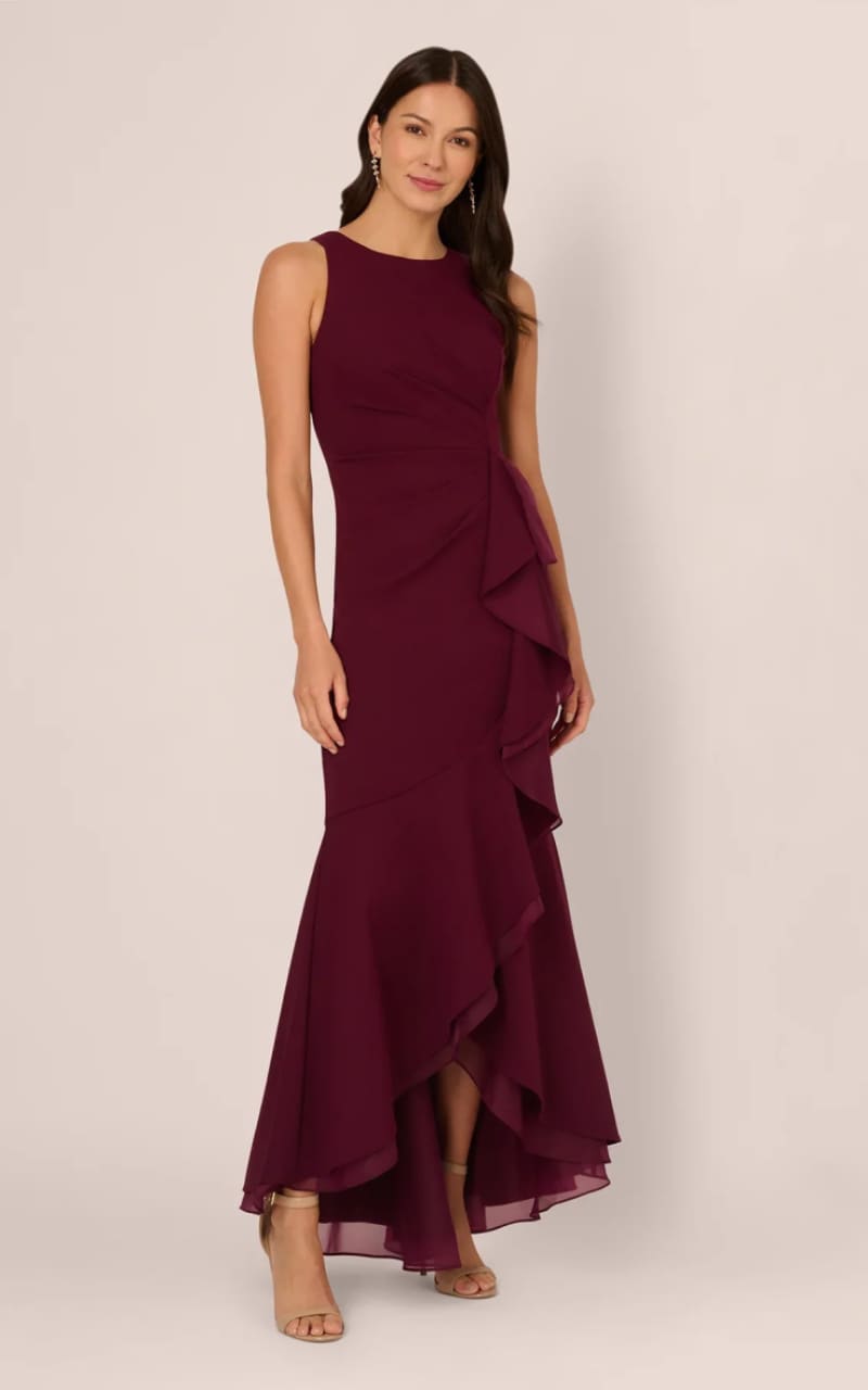 Adrianna Papell- High Low Crepe Halter Gown With Organza