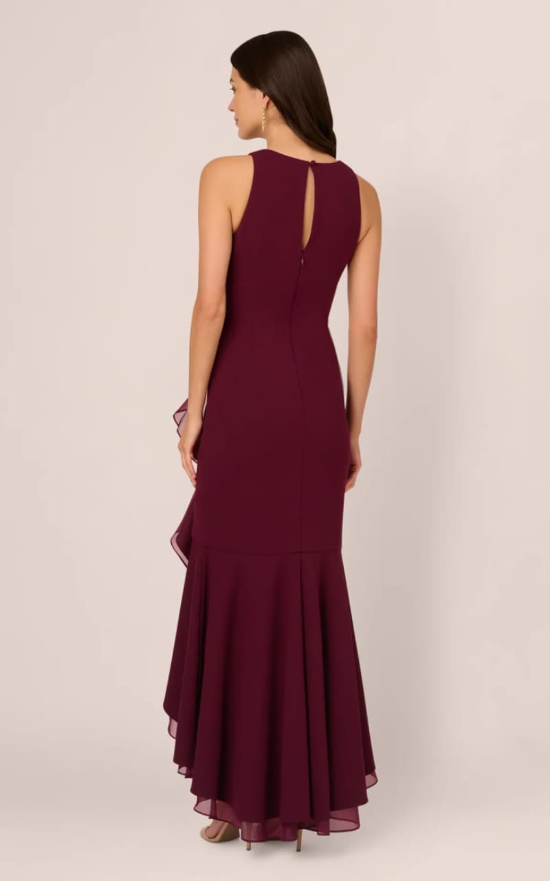 Adrianna Papell- High Low Crepe Halter Gown With Organza