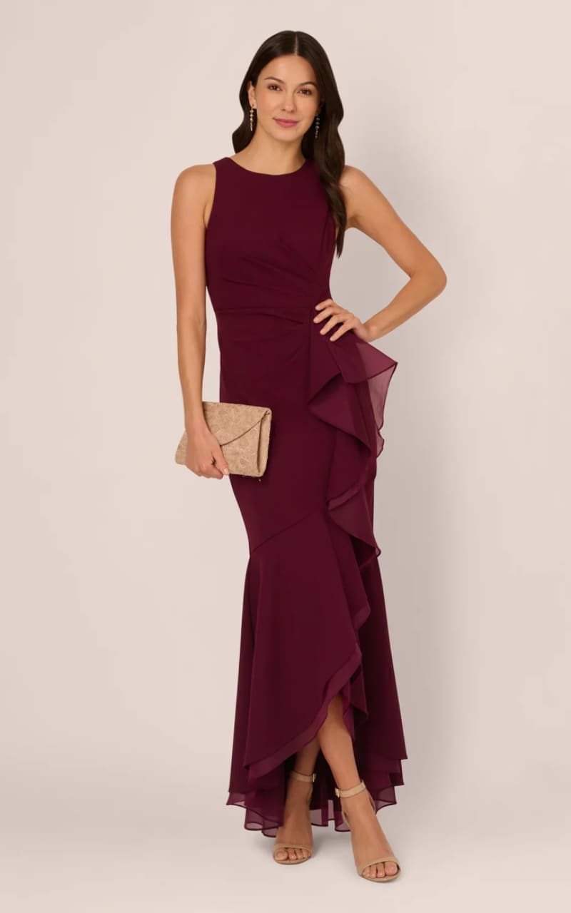 Adrianna Papell - High Low Crepe Halter Gown With Organza