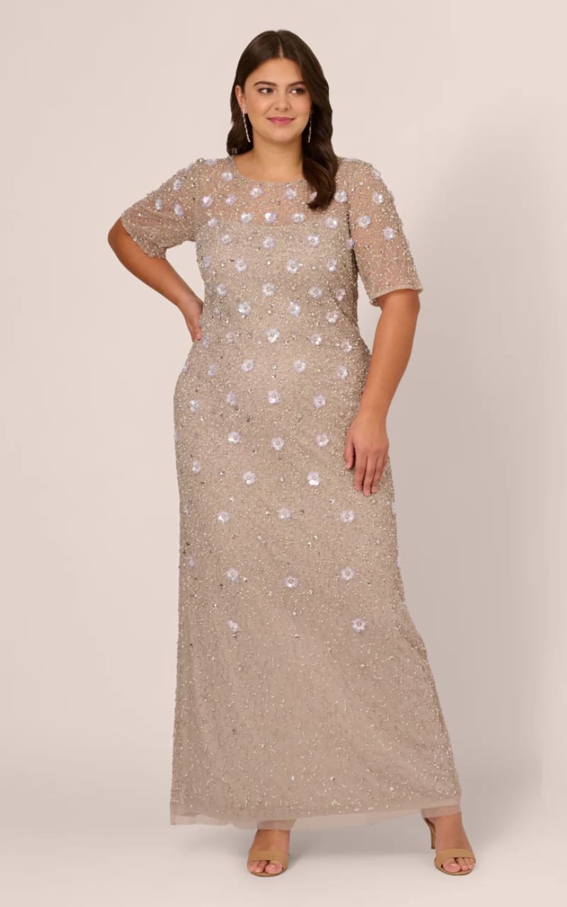 Adrianna Papell - Long Hand Beaded 3D Floral Dress