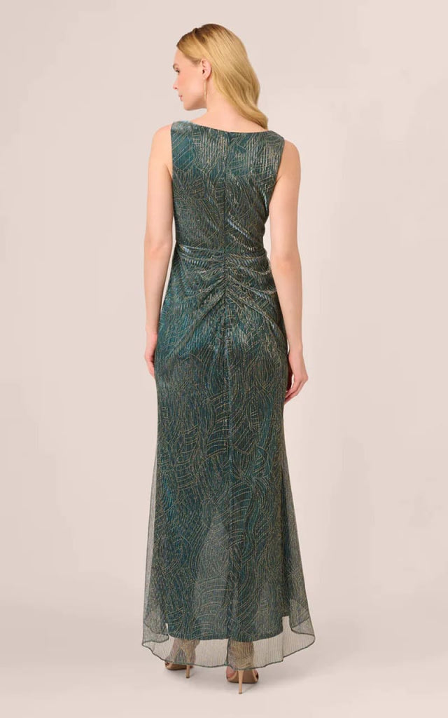 Adrianna Papell- Metallic Mesh Faux Wrap Gown - Dresses