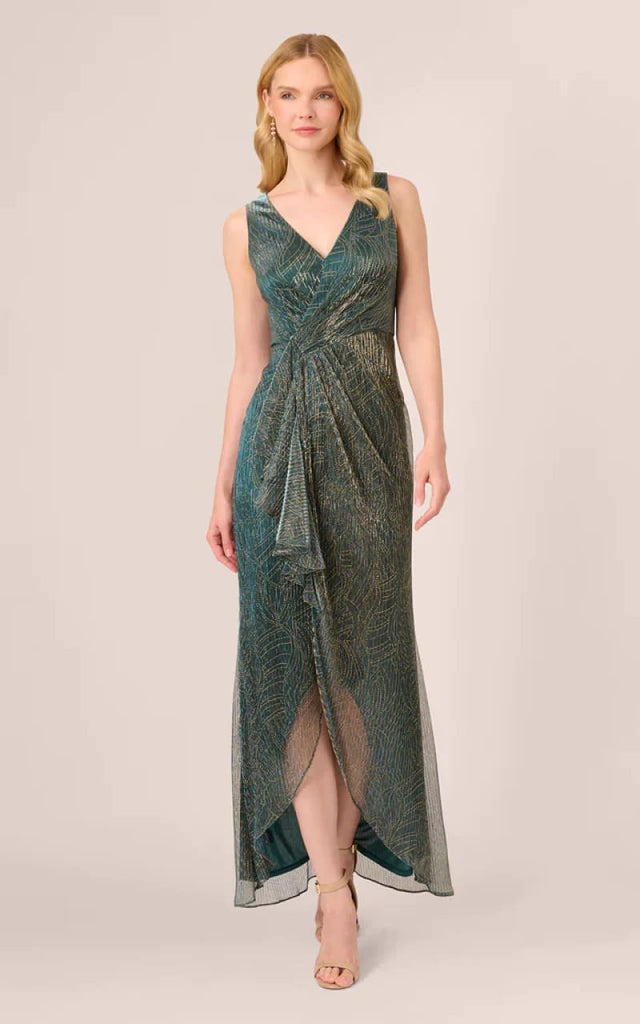 Adrianna Papell- Metallic Mesh Faux Wrap Gown - Dresses