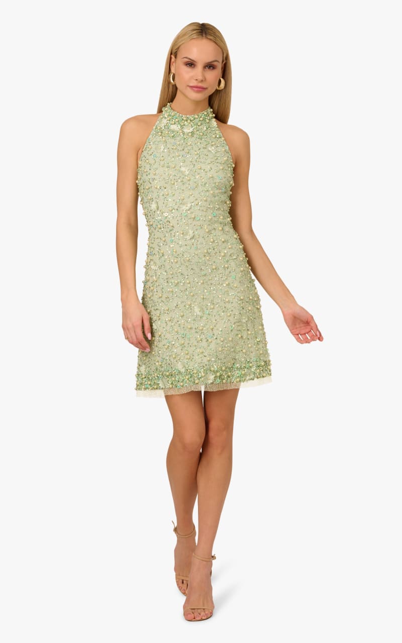 Adrianna Papell- Beaded Tropeze Mini Dress in Aloe Mist