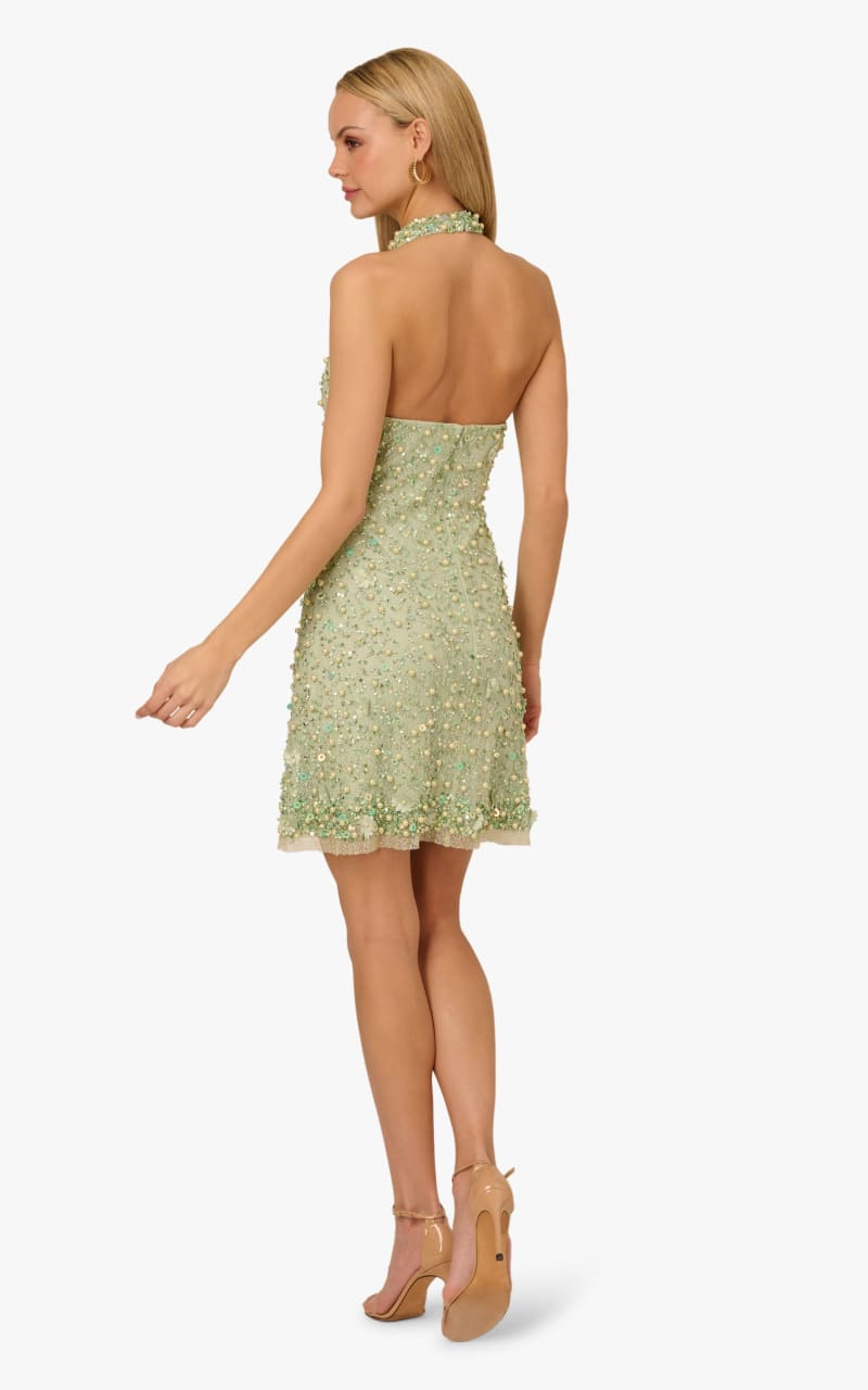 Adrianna Papell- Beaded Tropeze Mini Dress in Aloe Mist