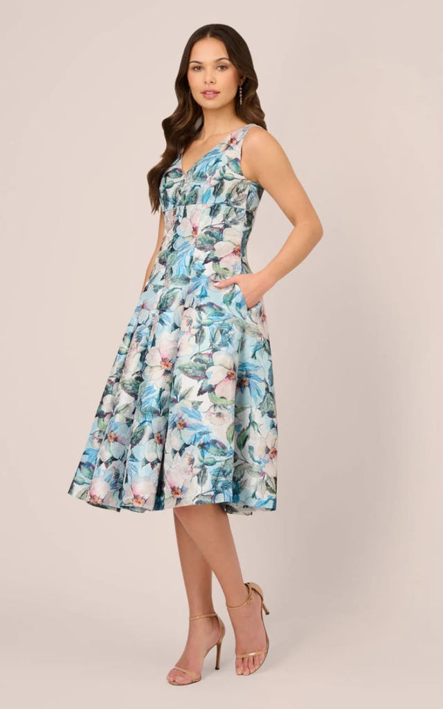 Adrianna Papell - Floral Jacquard Midi Dress with Pockets
