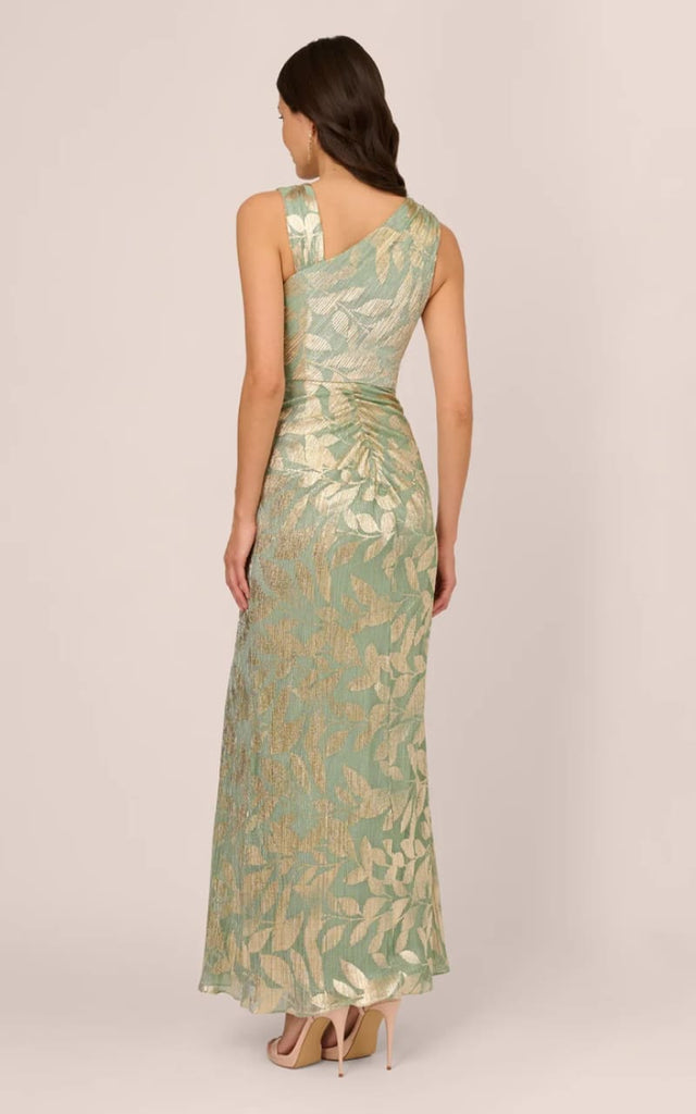 Adrianna Papell Foil Printed Asymmetric Gown with Ruffle floc