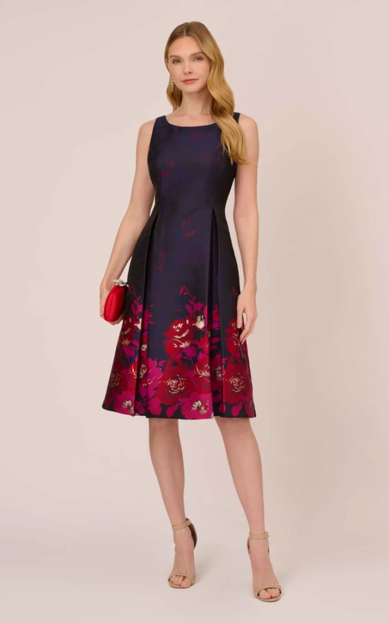 Adrianna Papell- Jacquard Midi Dress with Metallic Floral