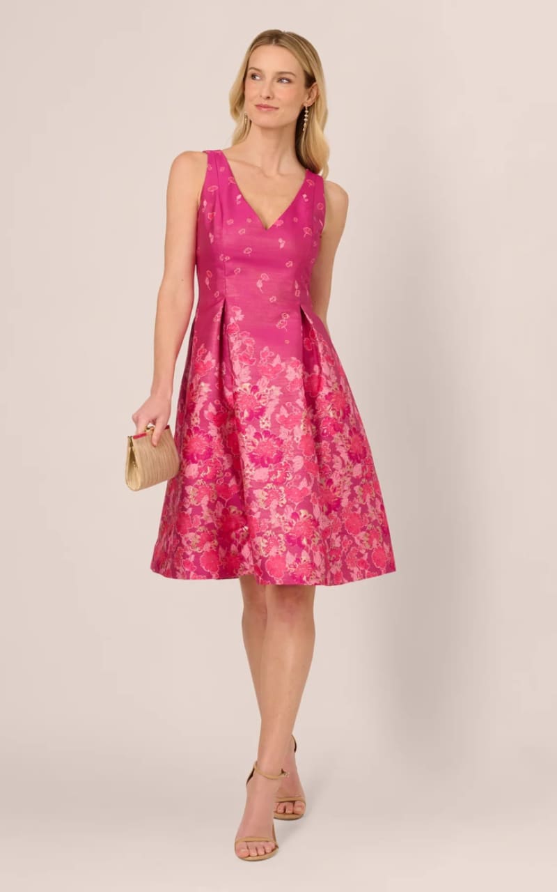 【海外限定】AdriannaPapell ☆ドレスPink Floral Jacquard Midi Floral Jacquard Ankle Length Dress With Off The Shoulder