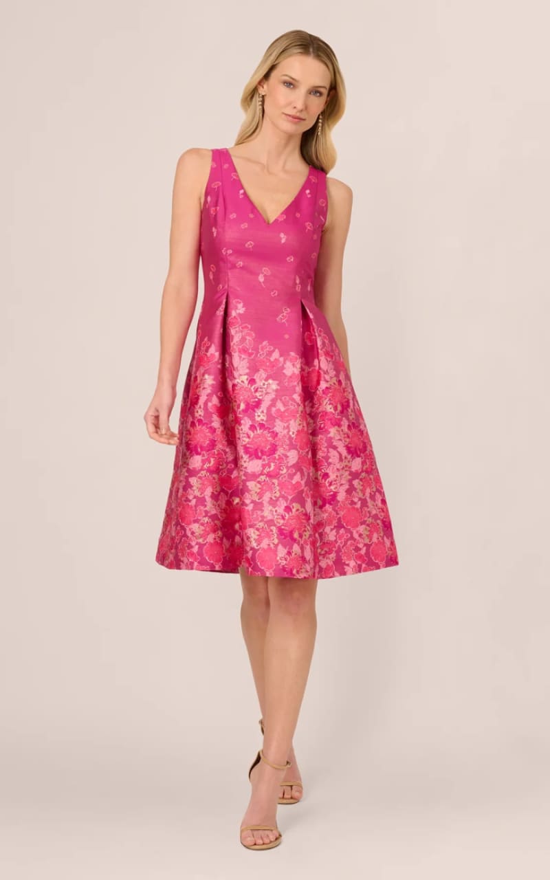 Adrianna Papell- V-Neck Floral Hem Jacquard Midi Dress