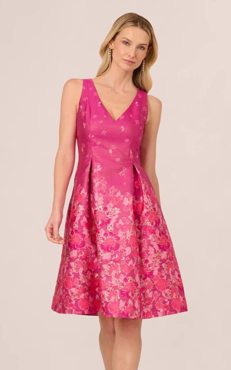 Adrianna Papell- V-Neck Floral Hem Jacquard Midi Dress