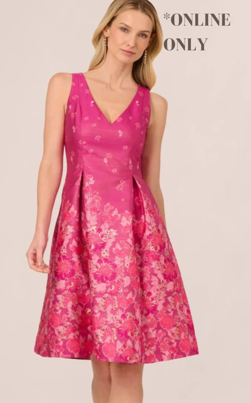 Adrianna Papell- V-Neck Floral Hem Jacquard Midi Dress