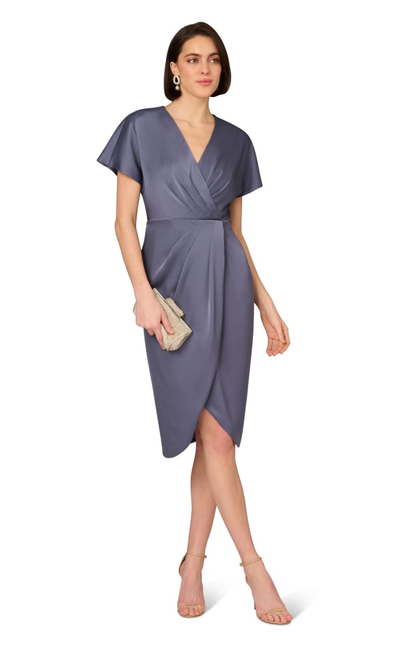 Aidan Maddox- Cap Sleeve V-neck Crepe Satin Gathered Dress