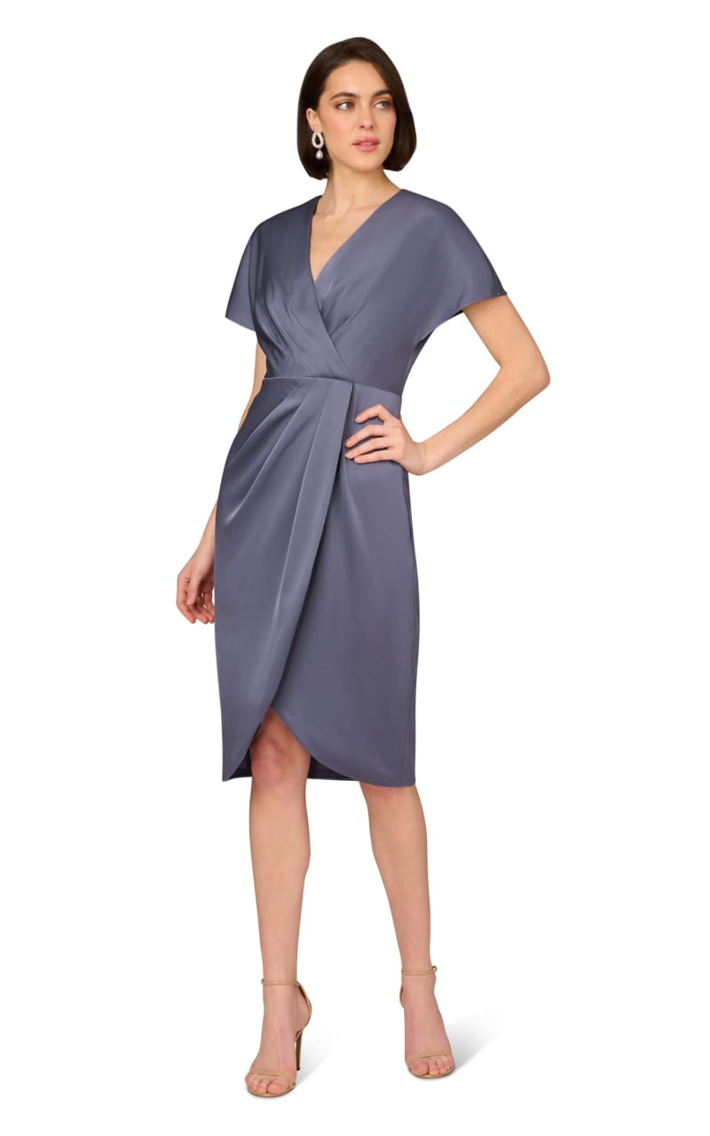 Aidan Maddox- Cap Sleeve V-neck Crepe Satin Gathered Dress