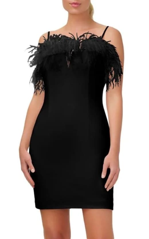 Aidan Mattox Black Feather Trim Sheath Dress floc boutique