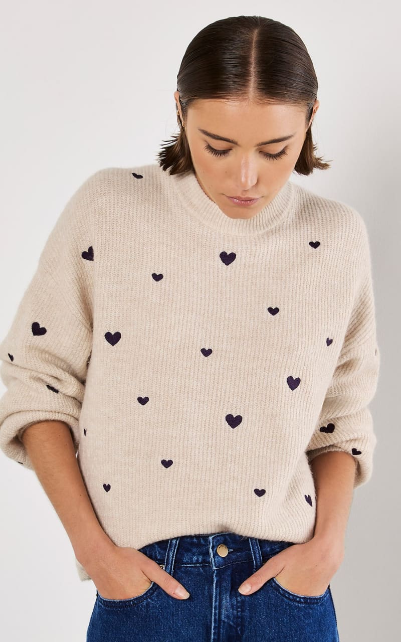 Apricot- Embroidered Heart Sweater - sweater