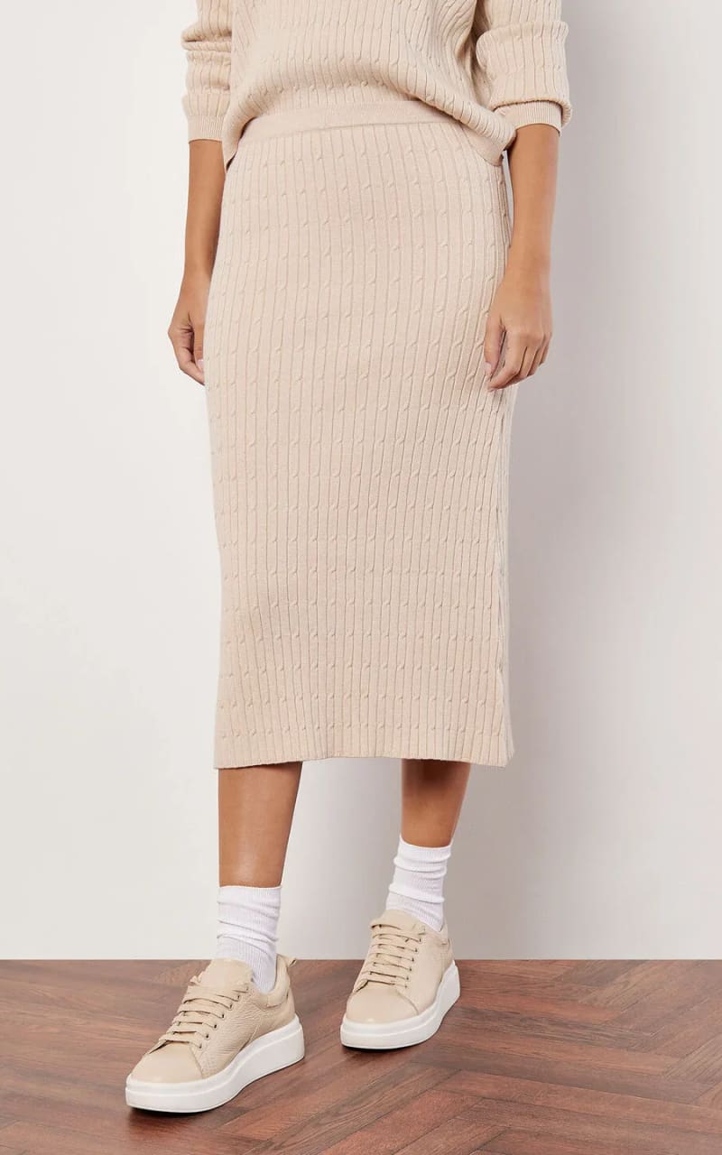 Apricot- Fine Gauge Cable Knitted Midi Skirt