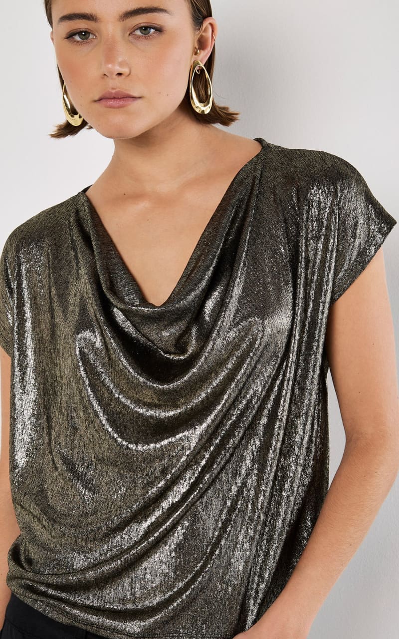 Apricot- Foil Cowl Neck Cocoon Top - Shirts & Tops