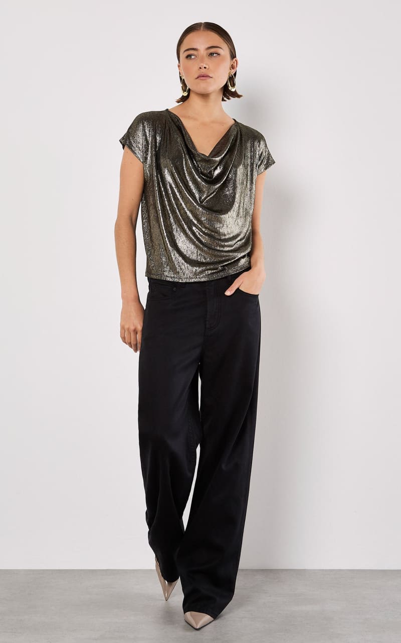 Apricot- Foil Cowl Neck Cocoon Top - Shirts & Tops