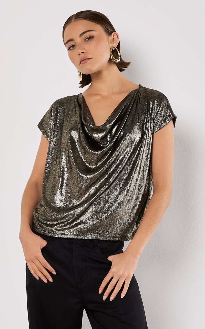 Apricot- Foil Cowl Neck Cocoon Top - Shirts & Tops