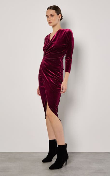 Apricot- Glitter Velvet Side Ruched Midi Dress