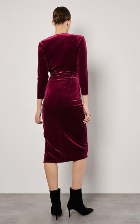 Apricot- Glitter Velvet Side Ruched Midi Dress