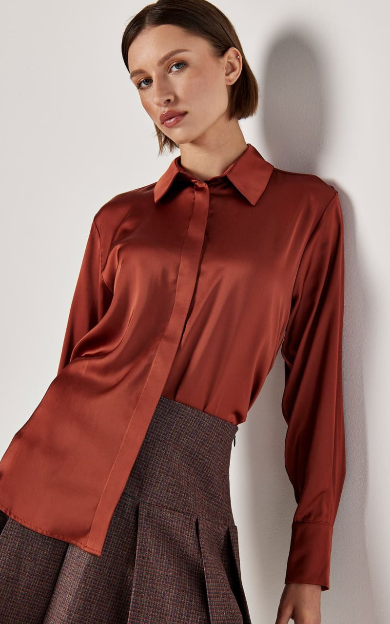 Apricot- Oversized Satin Hi Low Shirt - Shirts & Tops