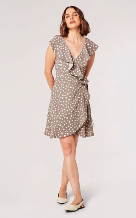 Apricot- Painterly Dot Ruffle Wrap Mini Dress