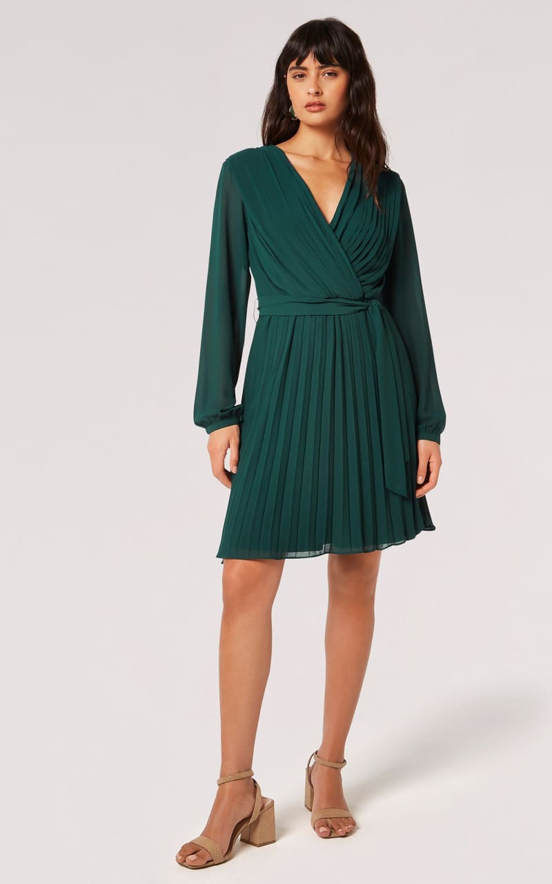 Apricot- Pleated Long Sleeve Chiffon Wrap Dress