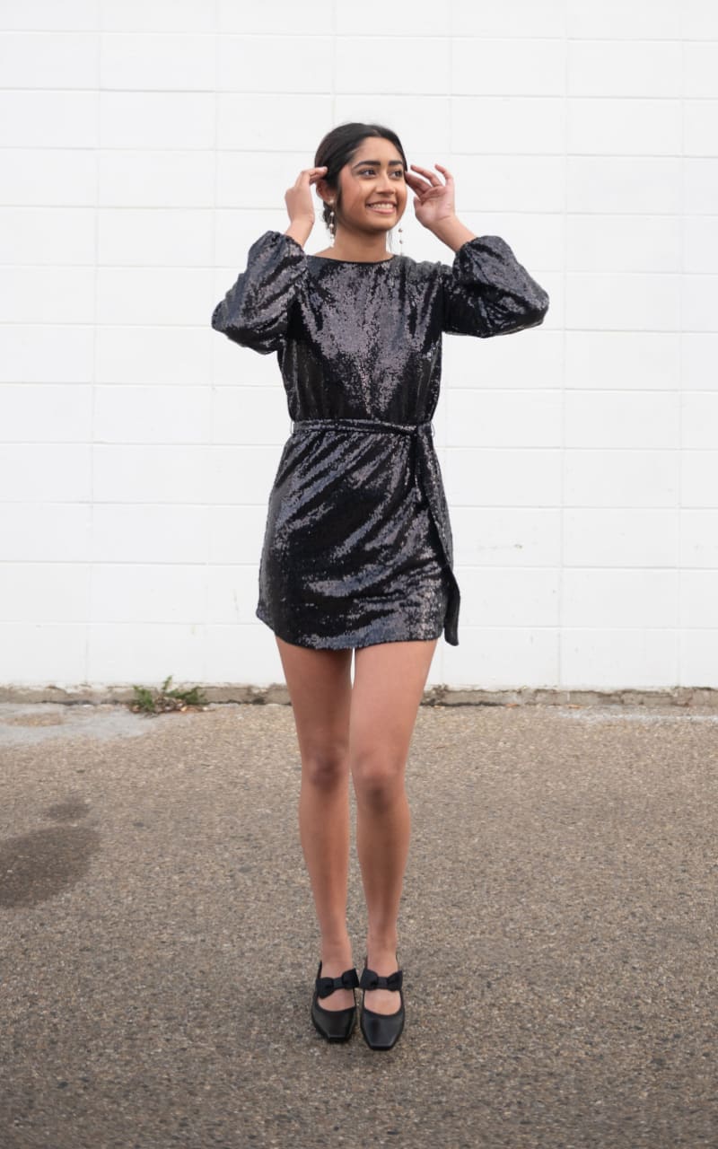 Apricot- Sequin Puff Sleeve Dress with Tie