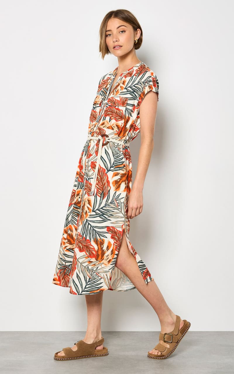 Apricot- Banana Leaf Shirt Midi Dress in Khaki - DRESS