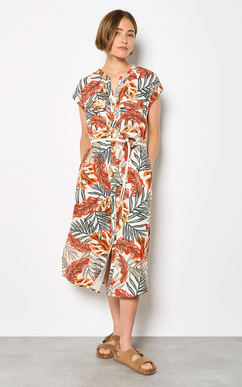 Apricot- Banana Leaf Shirt Midi Dress in Khaki - DRESS