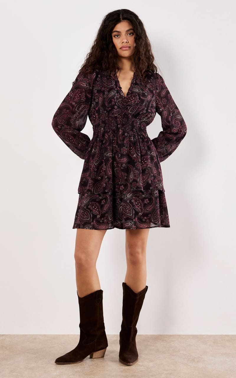 Apricot Batik Paisley Mini Dress in Burgundy DRESS