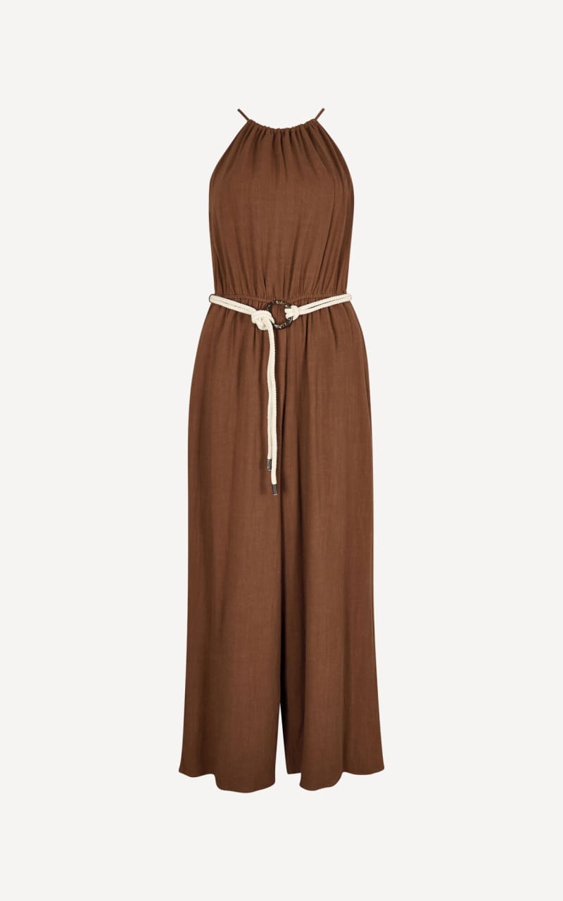 Apricot- Cotton Blend Wide-Leg Jumpsuit in Rust - Jumpsuits