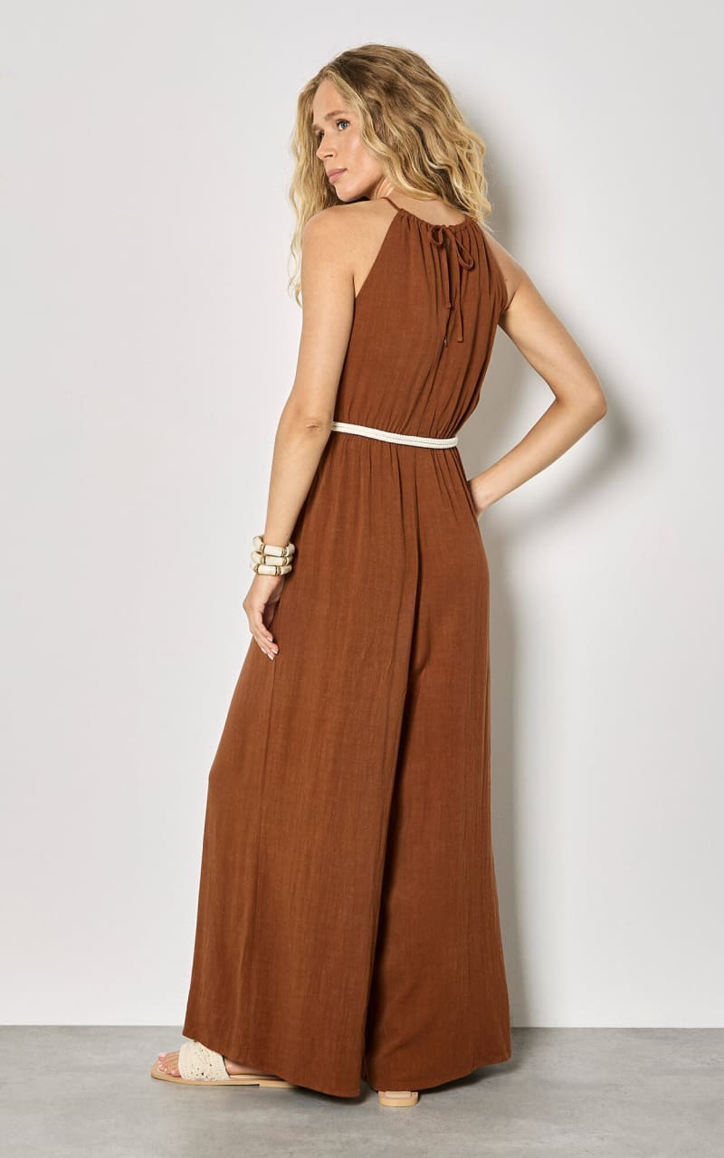 Apricot- Cotton Blend Wide-Leg Jumpsuit in Rust - Jumpsuits