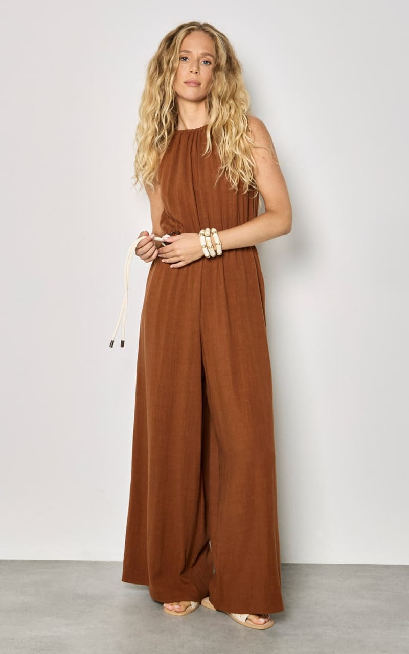 Apricot- Cotton Blend Wide-Leg Jumpsuit in Rust - Jumpsuits