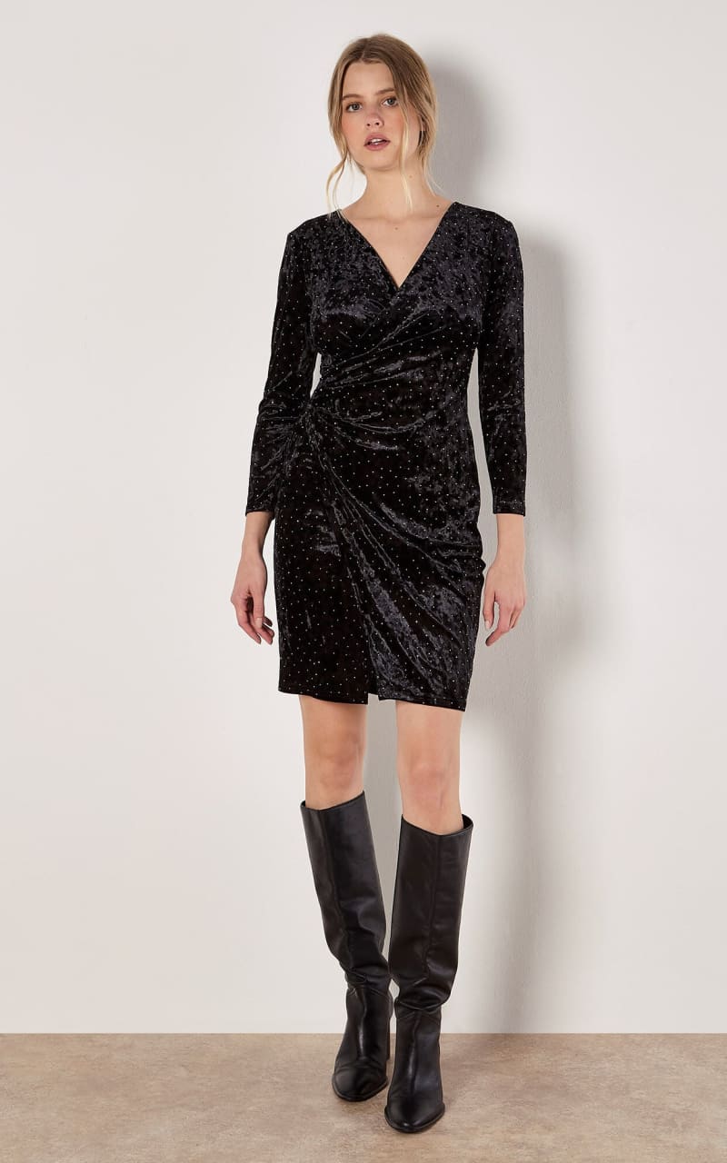 Apricot- Diamante Velvet Wrap Mini Dress - DRESS
