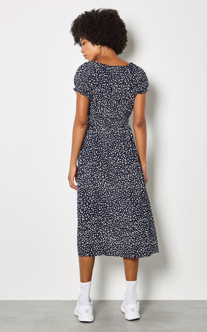 Apricot- Dotted Rustic Style Midi Dress in Navy - DRESS