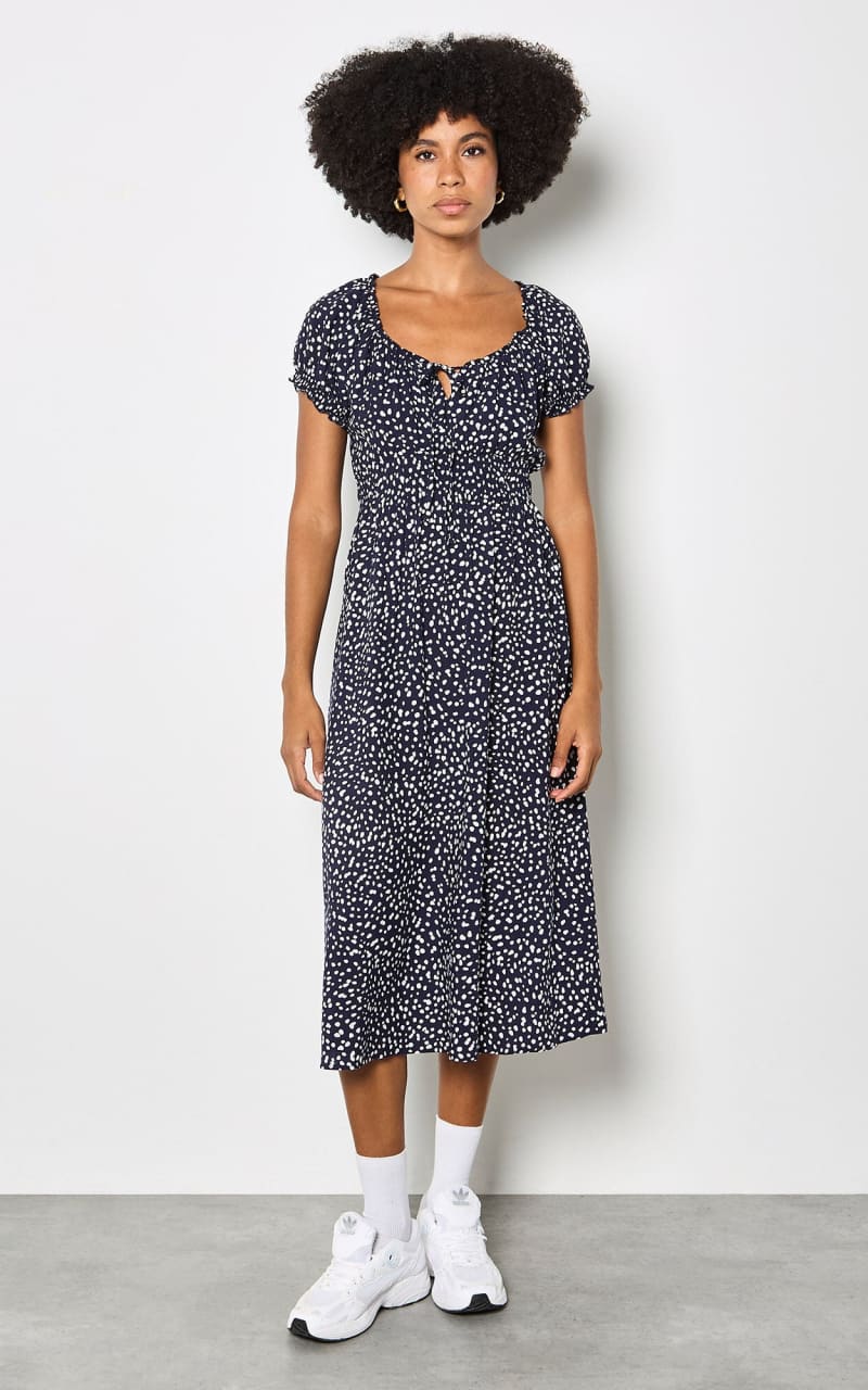 Apricot- Dotted Rustic Style Midi Dress in Navy - DRESS
