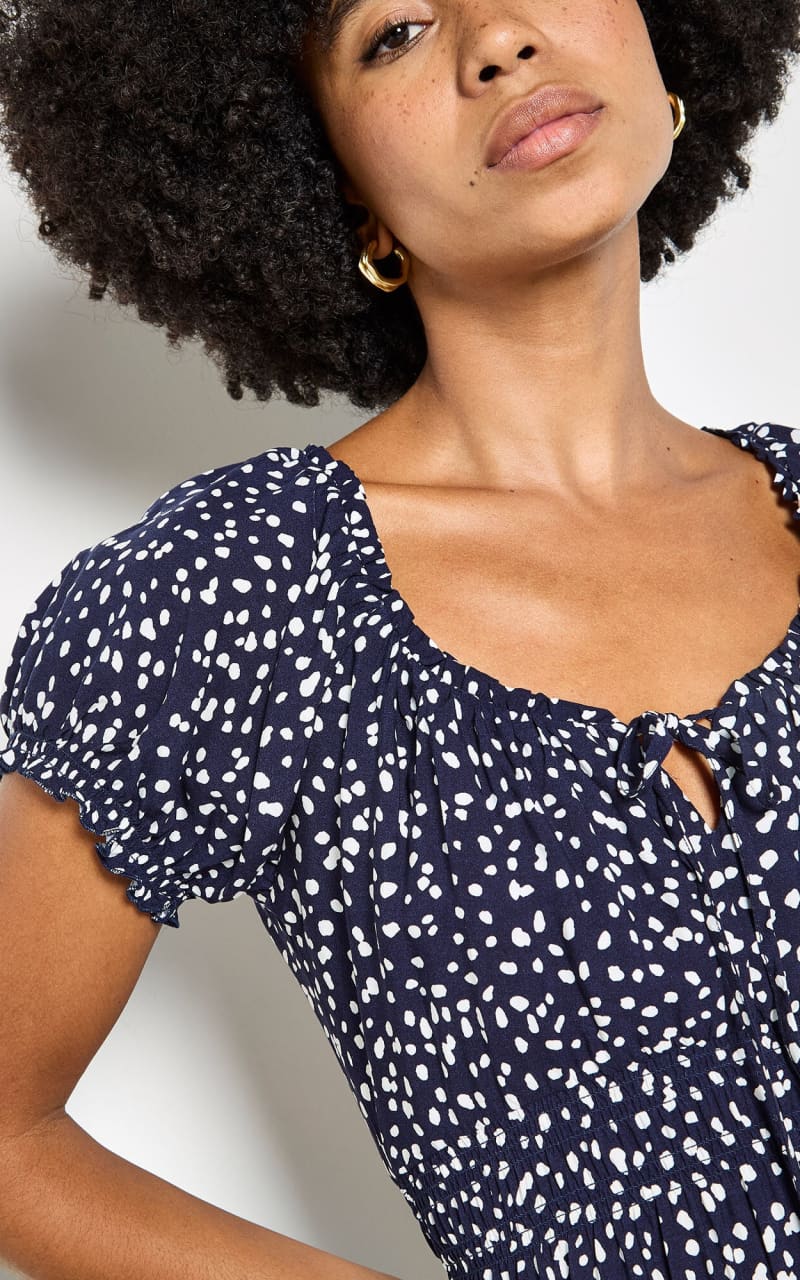 Apricot- Dotted Rustic Style Midi Dress in Navy - DRESS