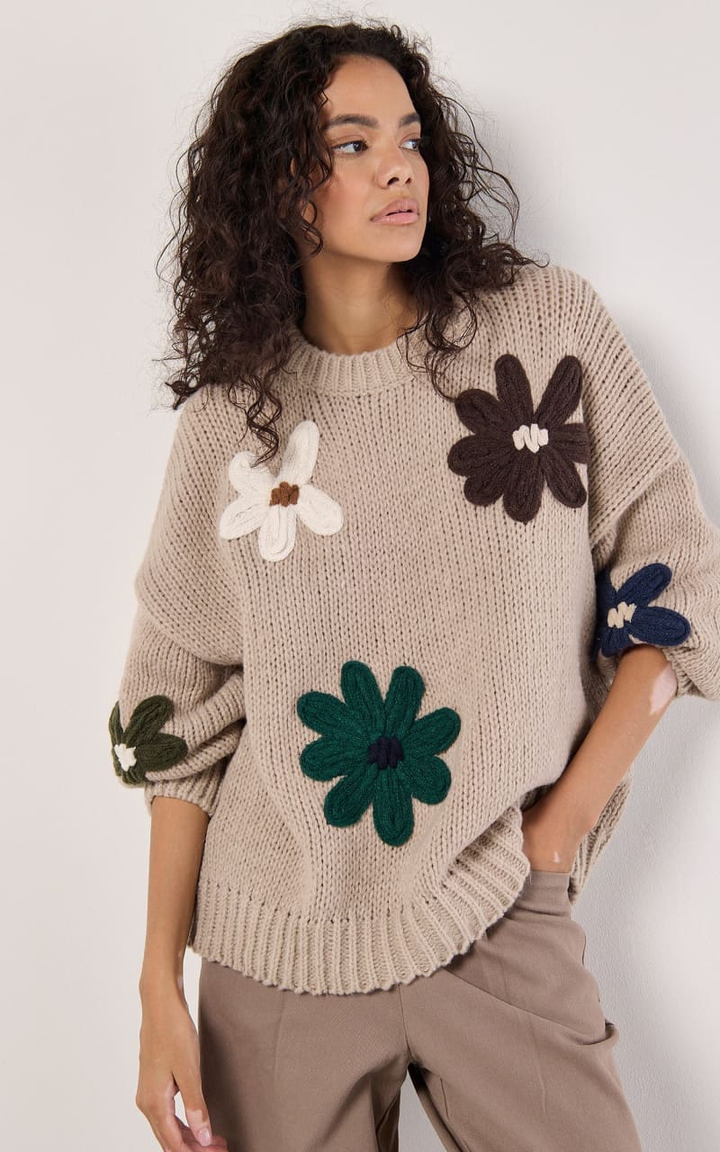 Apricot - Embroidered Daisies Jumper - SWEATER & SWEATSHIRT