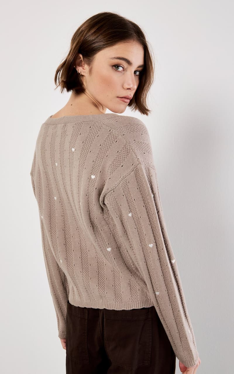 Apricot - Embroidered Hearts Pointele Cardi in Brown