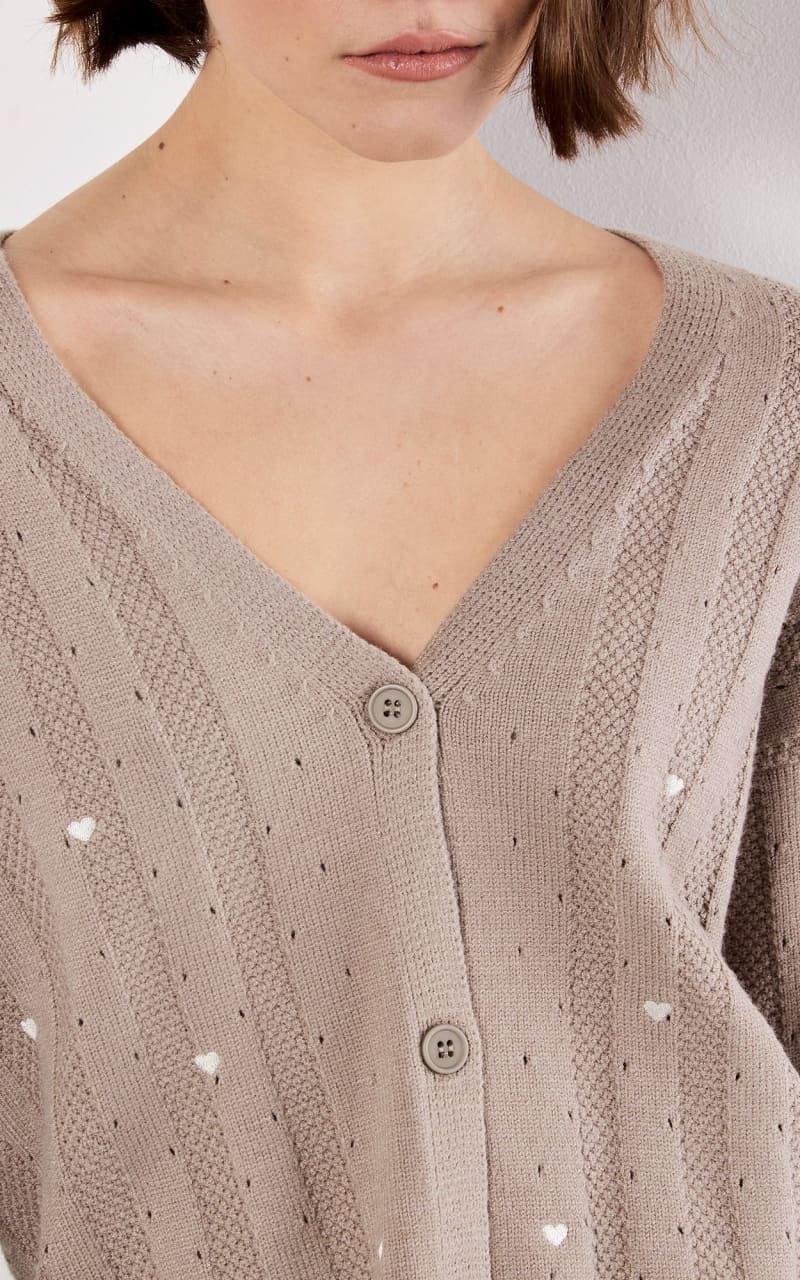 Apricot - Embroidered Hearts Pointele Cardi in Brown