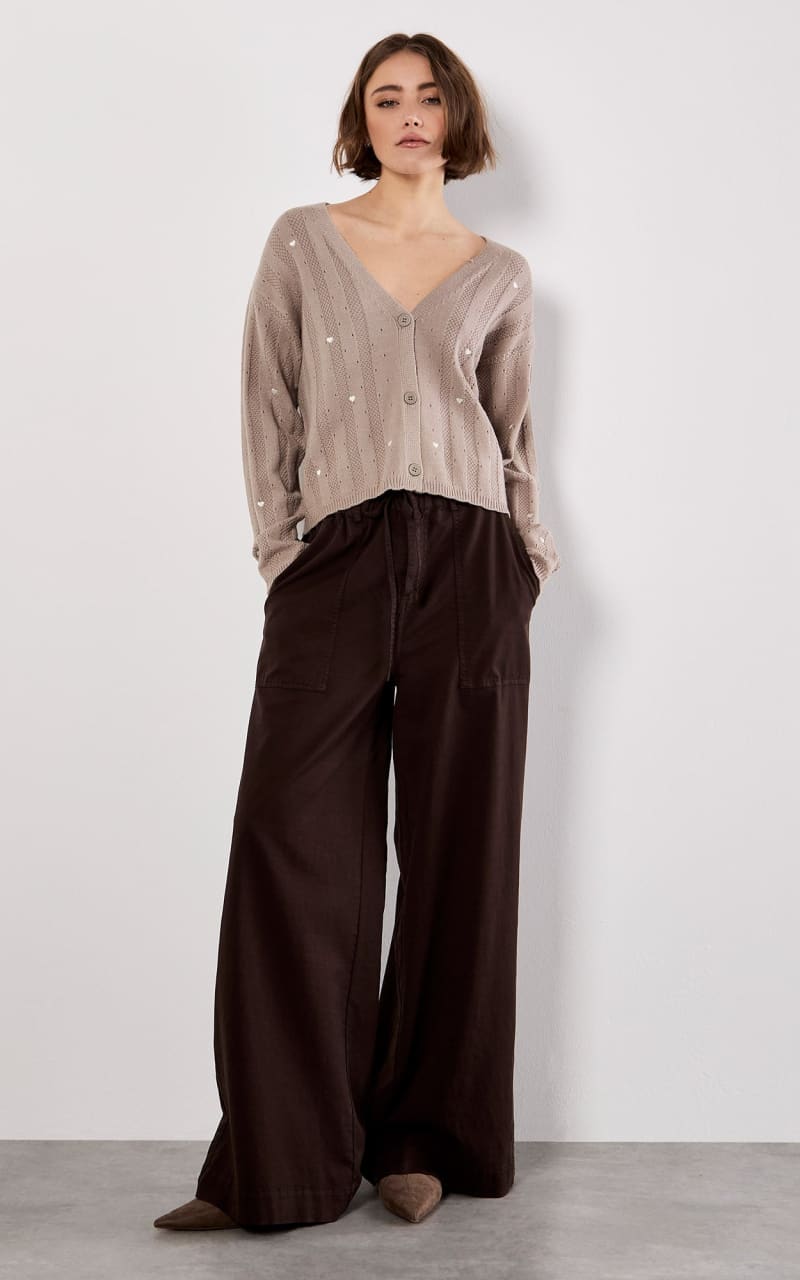 Apricot - Embroidered Hearts Pointele Cardi in Brown